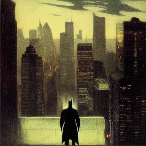 14149-601425846-batman looking down on Gotham on the roof of a skyscraper,  realism, Thomas Eakins, dark, moody, night, moonlit.webp